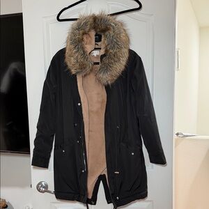 by the way. Black Coat with Faux Fur Trim